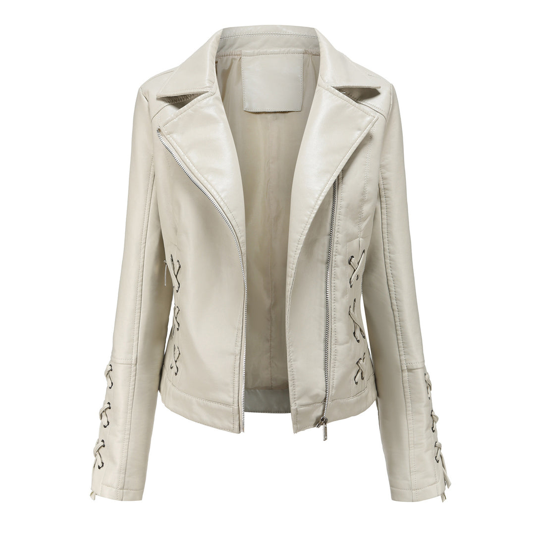 Ladies elegant biker jacket in faux leather with decorative lace details Lune London
