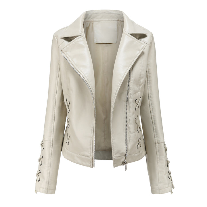 Ladies elegant biker jacket in faux leather with decorative lace details Lune London