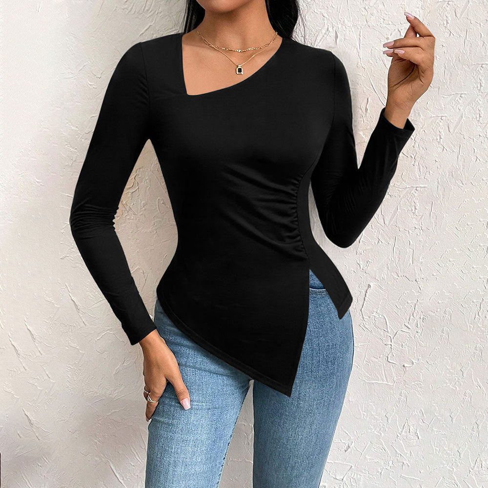 Chemise à manches longues pour femmes avec coupe asymétrique et fronces à la mode Chic & Stil