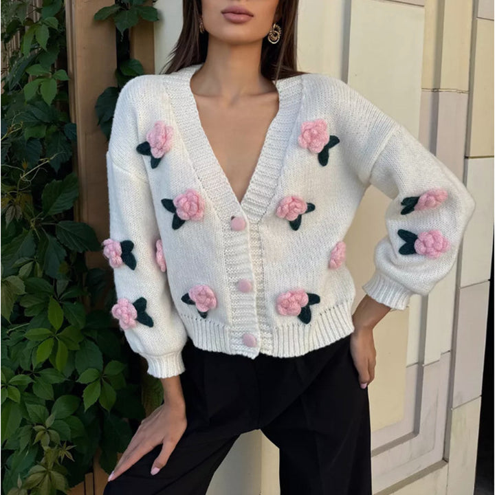 Lady cardigan with embroidered floral design and ribbed edge Lune London