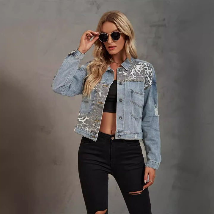 Denim jacket for women with contrasting animal print applications and a casual cut Lune London