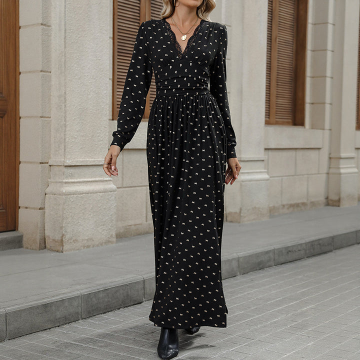 Maxi dress for women with plunging V-neck and playful pattern Lune London