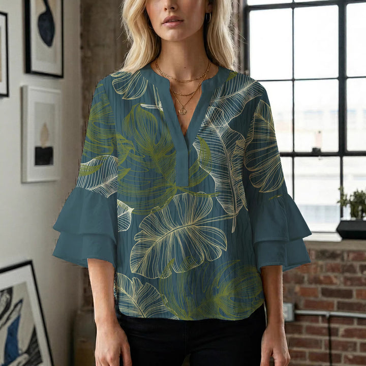 Ladies blouse with voluminous ruffled sleeves and floral print Lune London