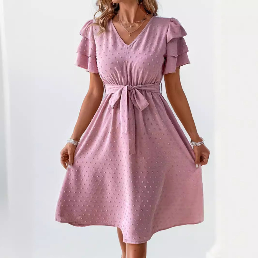 Elegant Woman Dress with Ruffled Sleeves V Neck Lune London