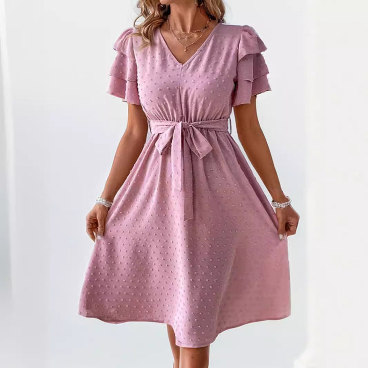 Elegant Woman Dress with Ruffled Sleeves V Neck Lune London