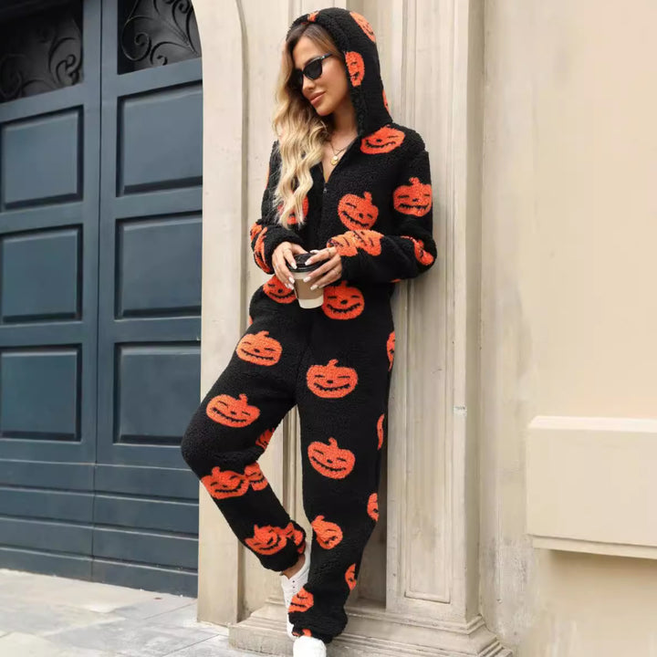Ladies Comfortable Halloween Jumpsuit with Hood and Cute Fleece Lune London