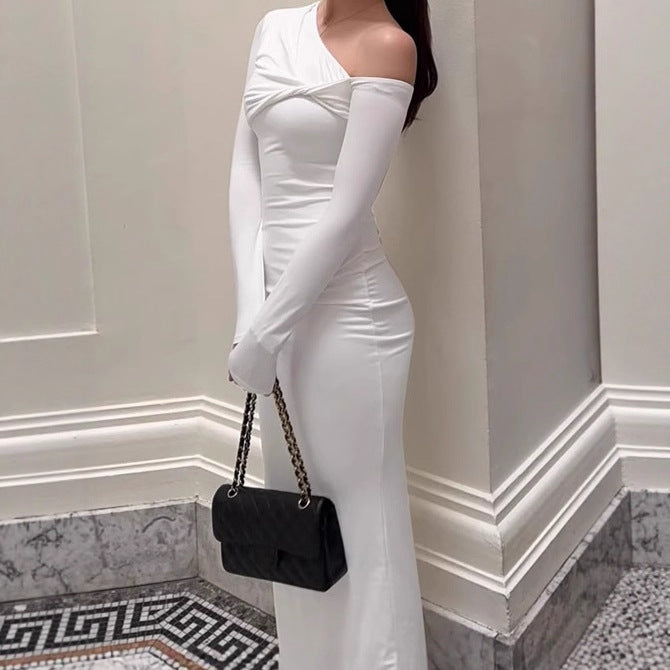 Elegant bodycon maxi dress for women with asymmetrical cut and plunging neckline Lune London