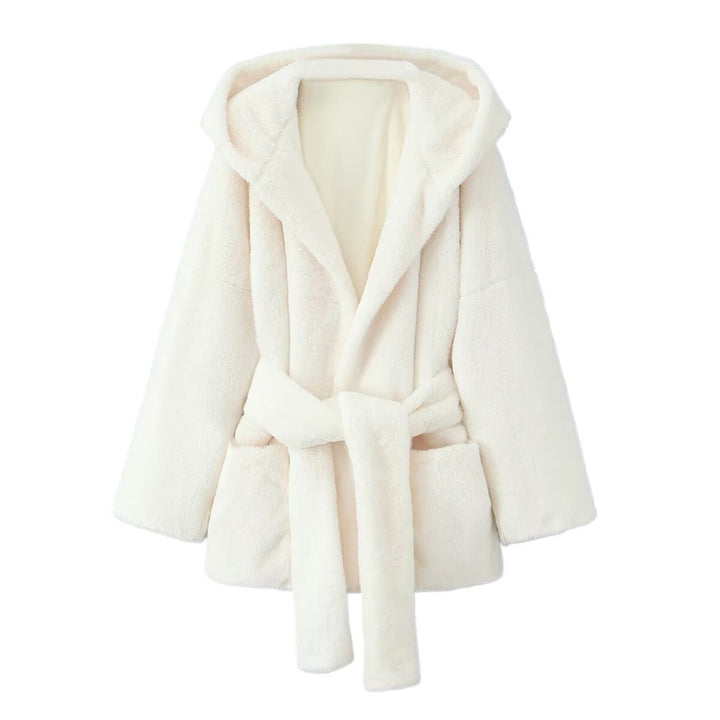 Cozy fleece jacket for women with hood and belt Lune London