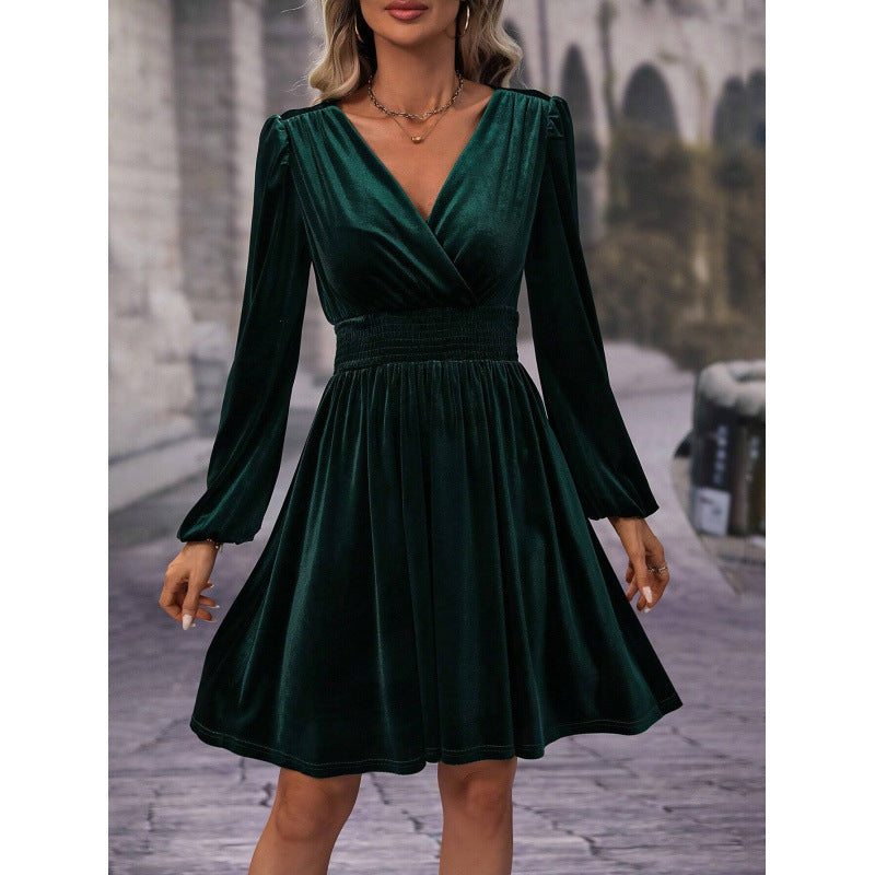Skater dress for women with elegant gathers and V neckline Lune London