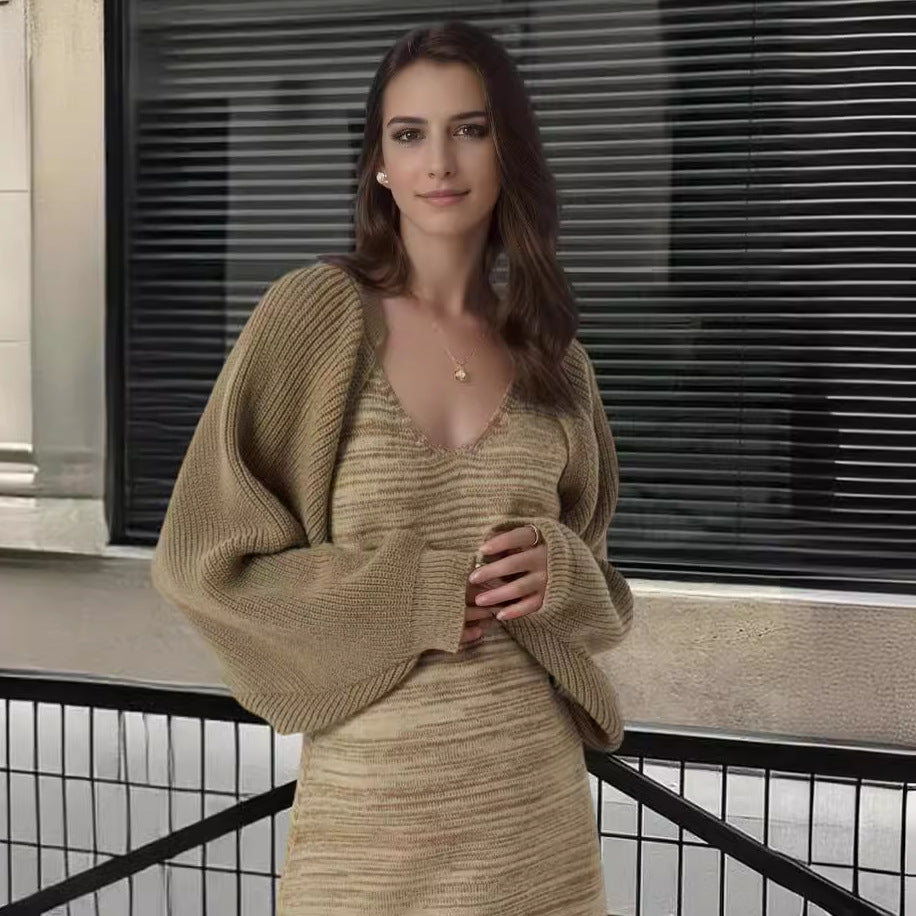 Knitted dress for women with wide U neckline and fringe hem Lune London