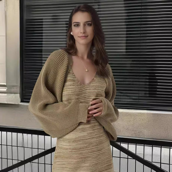 Knitted dress for women with wide U neckline and fringe hem Lune London