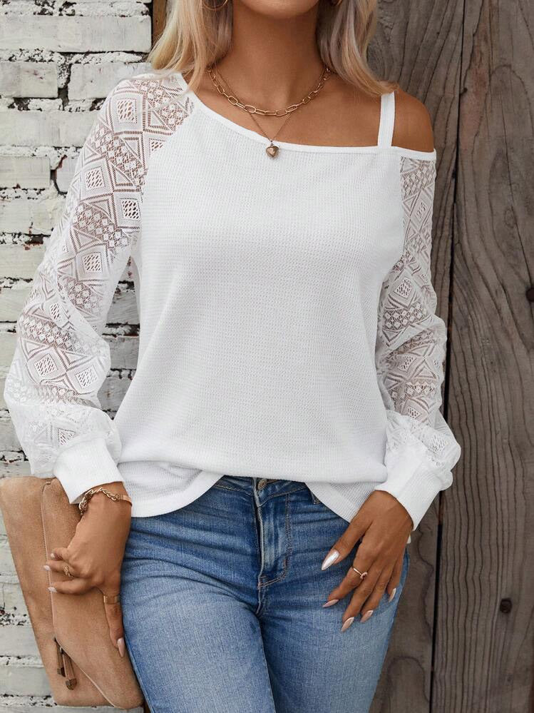 Women Elegant Knit Top with Asymmetric Neckline and Embellished Sleeves Lune London