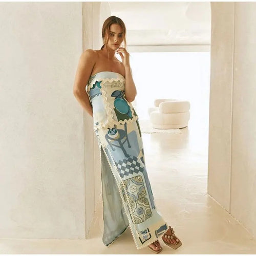 Maxi bandeau dress for women with a playful printed design and an elegant hem Lune London