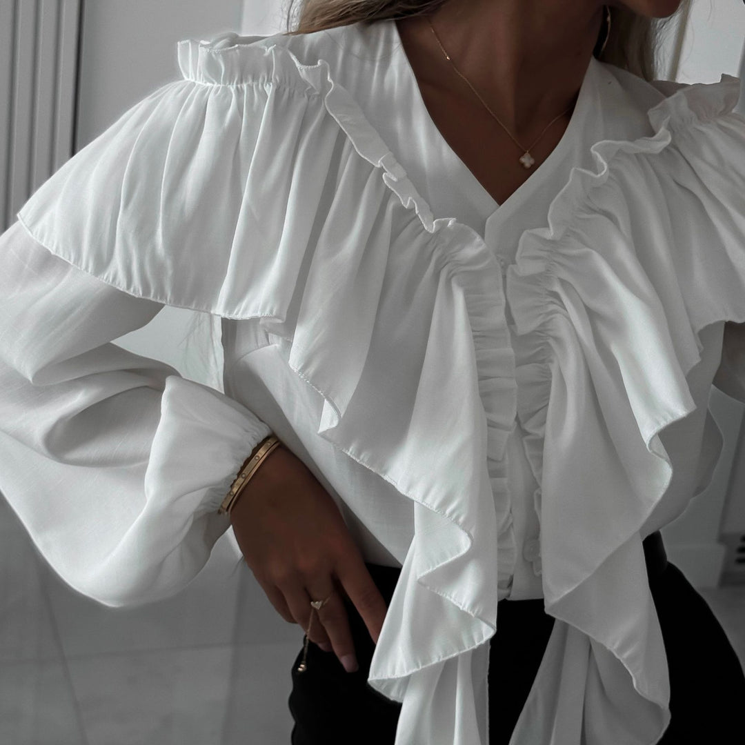 Women Elegant Blouse Top with Voluminous Ruffles and Flattering Cut Lune London