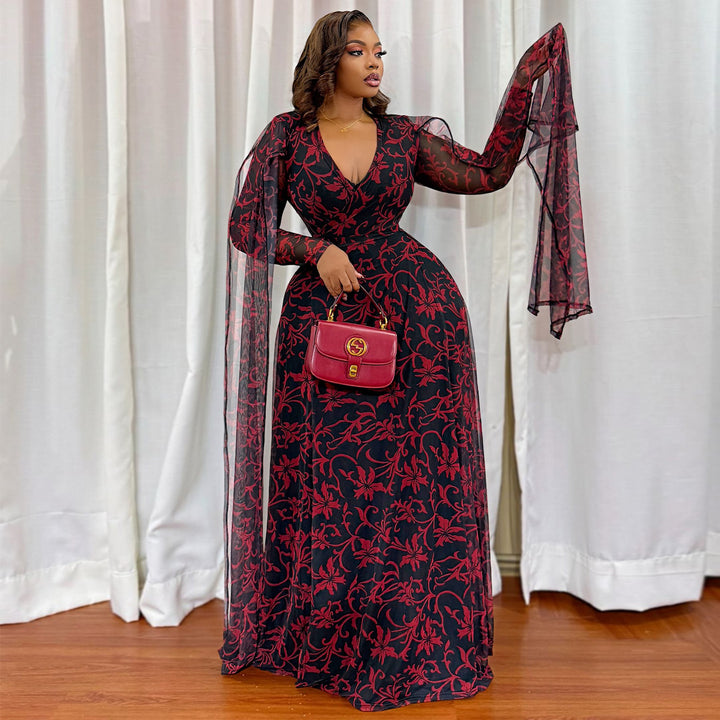 Women's maxi dress with floral transparent design and elegant sleeves Lune London
