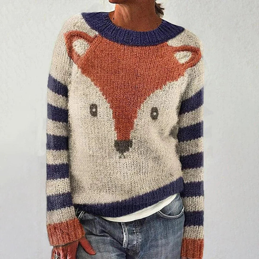 Pull confortable pour femmes avec motif renard et manches rayées Chic & Stil
