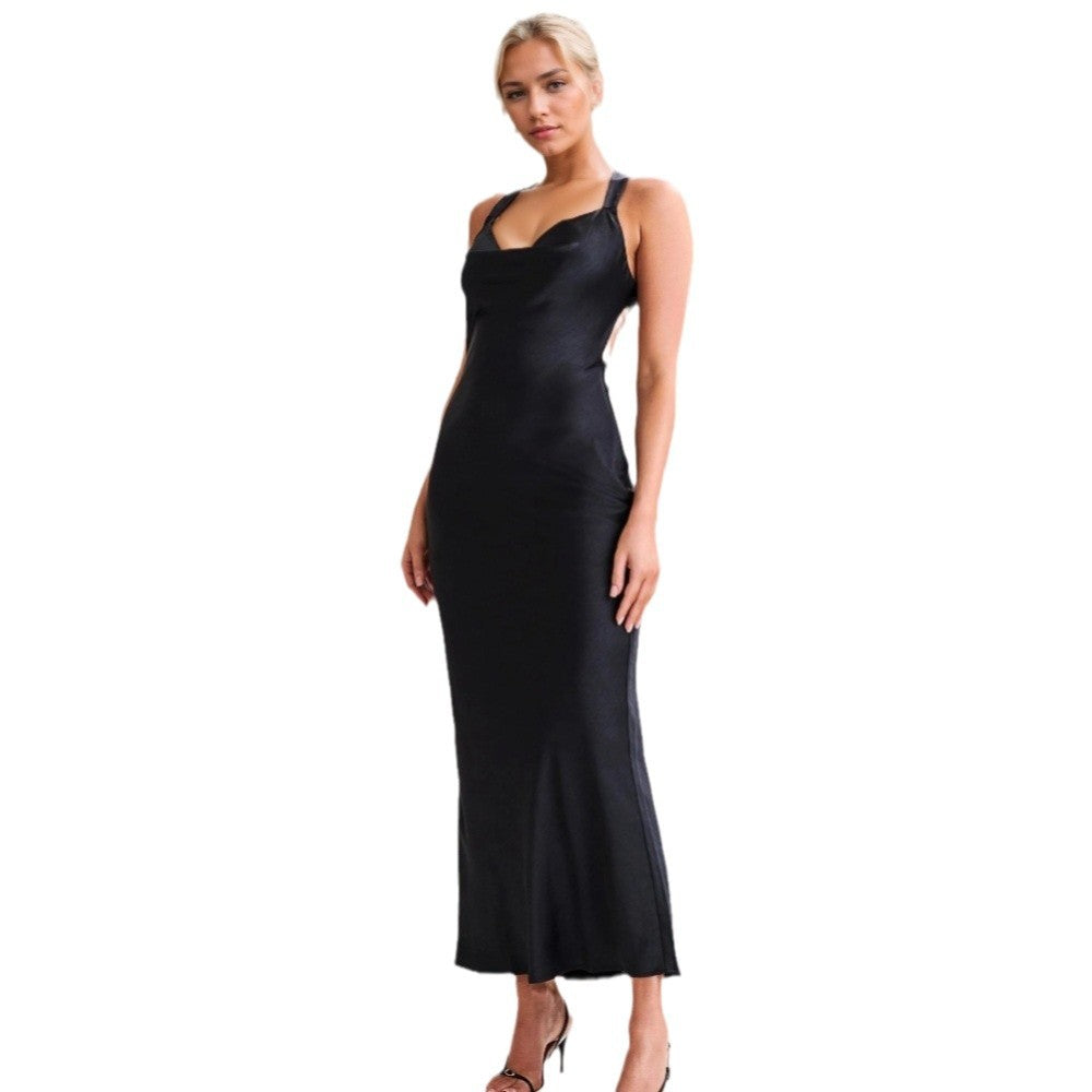 Elegant long evening dress for women with deep neckline and narrow straps Chic & Stil