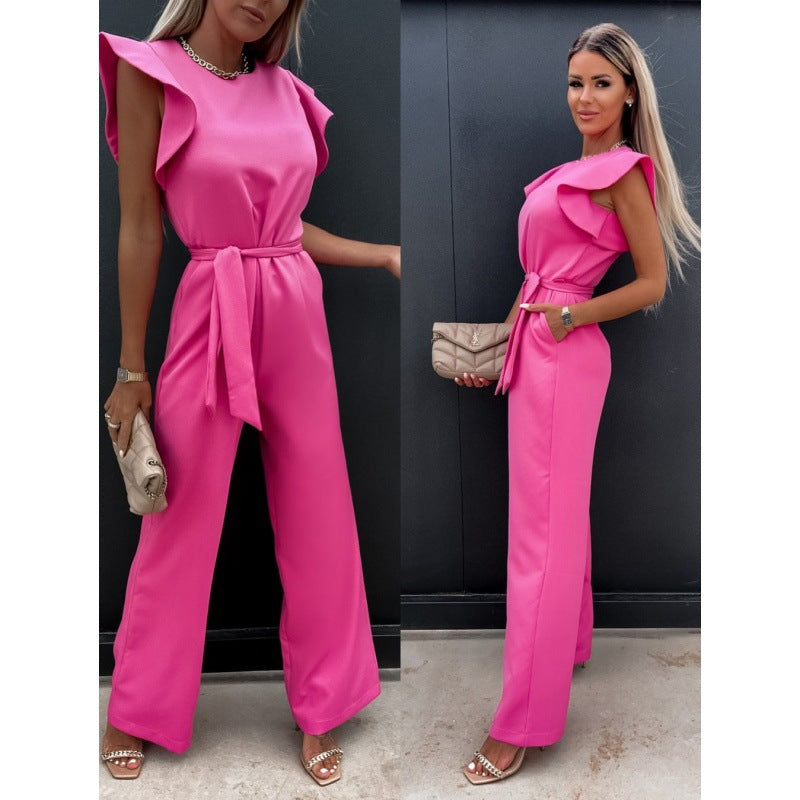 Women Fluid Wide Leg Jumpsuit with Ruffled Sleeves Lune London