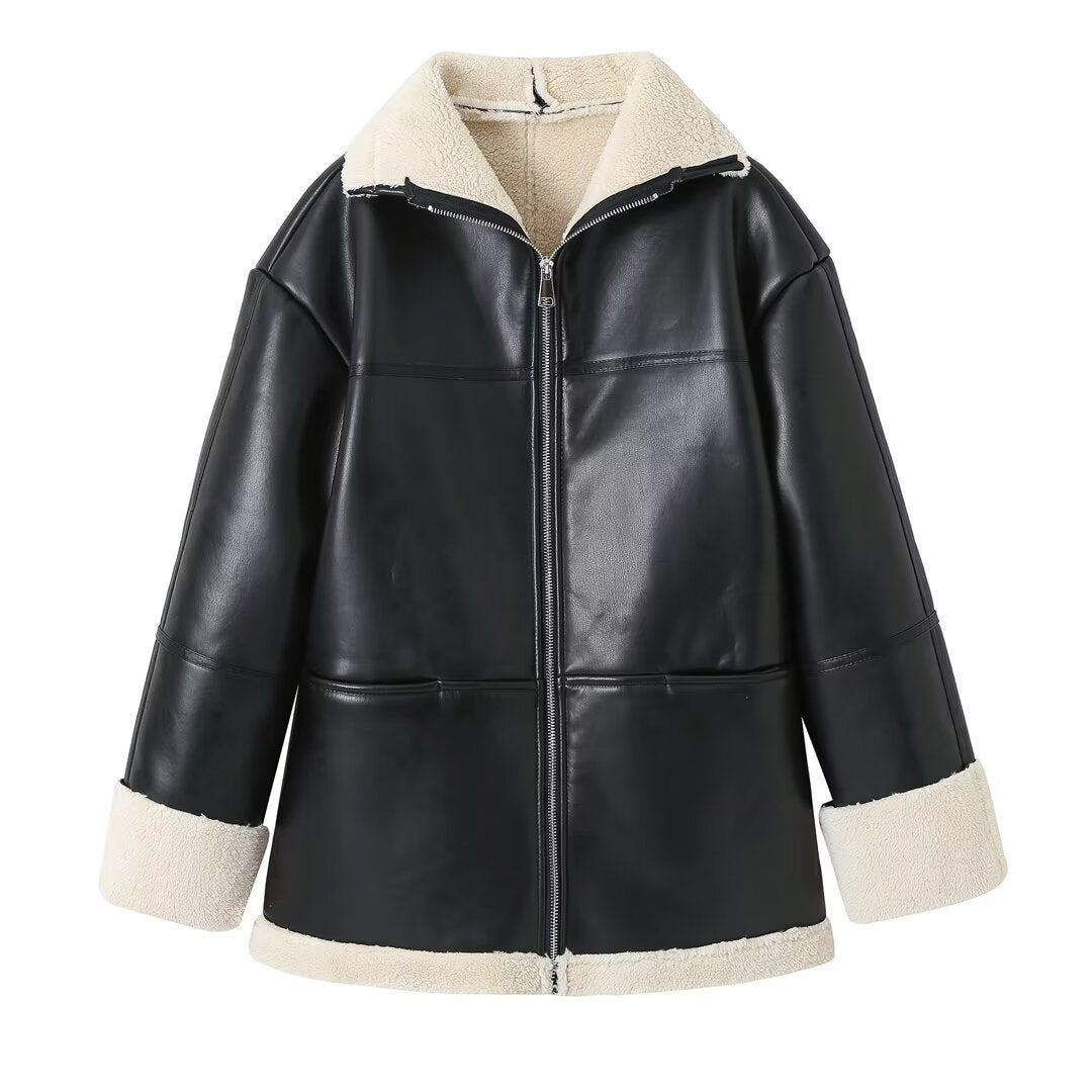 Women's faux leather jacket with teddy lining Lune London