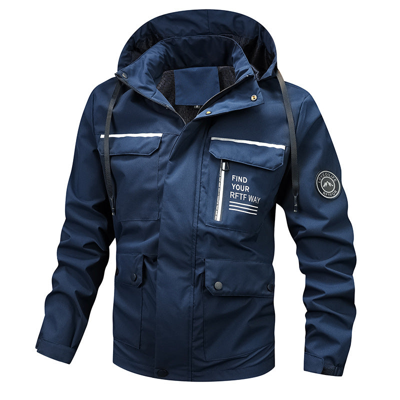 Multi-functional outdoor jacket for men with adjustable hood and reflective elements Lune London