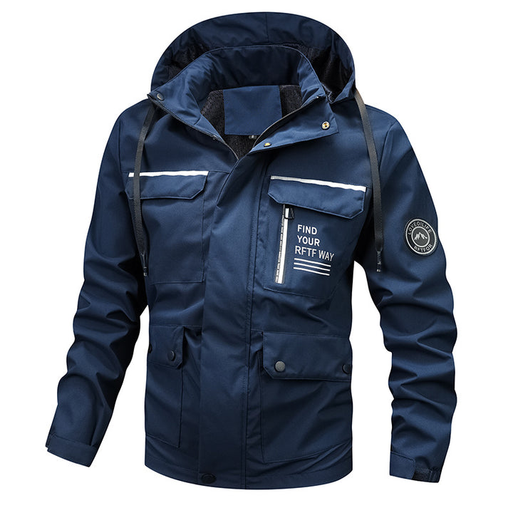 Multi-functional outdoor jacket for men with adjustable hood and reflective elements Lune London