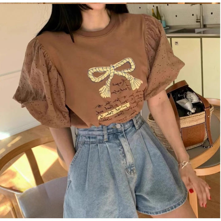 Lune London women's puff sleeve graphic tee set and high waisted denim shorts
