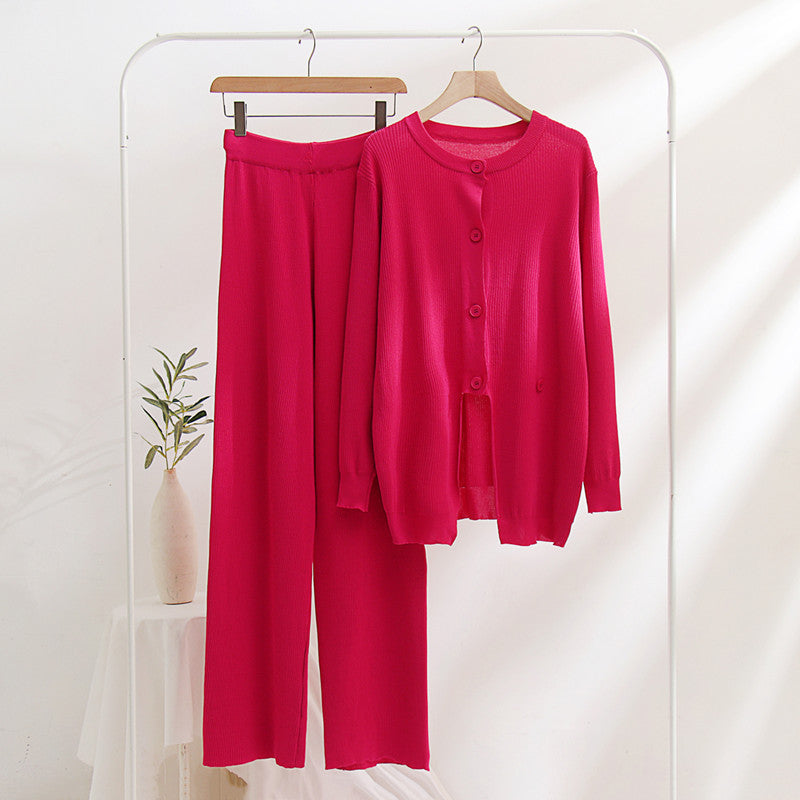 Knit loungewear set for women with a fine ribbed pattern and notable button details Lune London