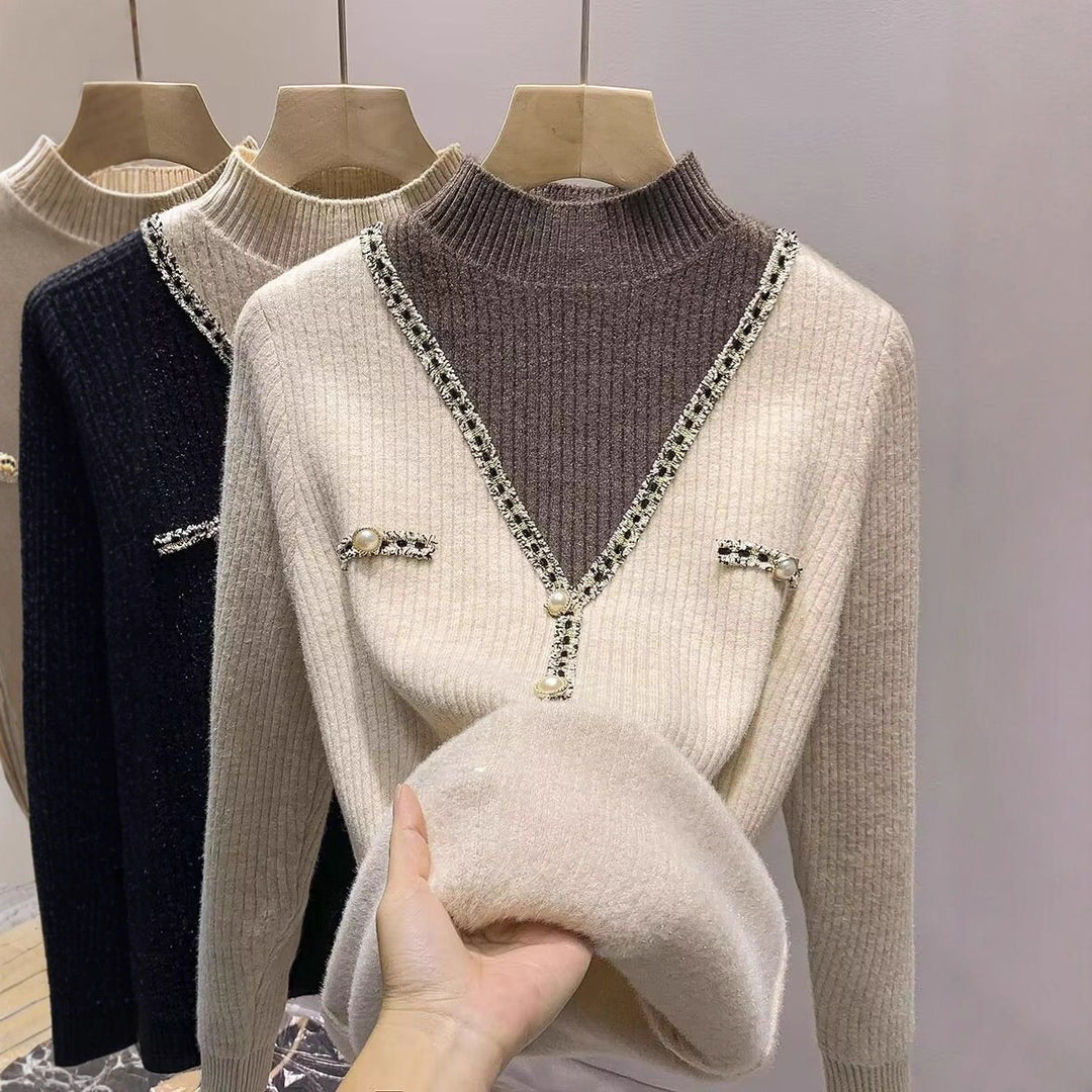 Pull femme à la mode avec col en V, détails scintillants et boutons Chic & Stil