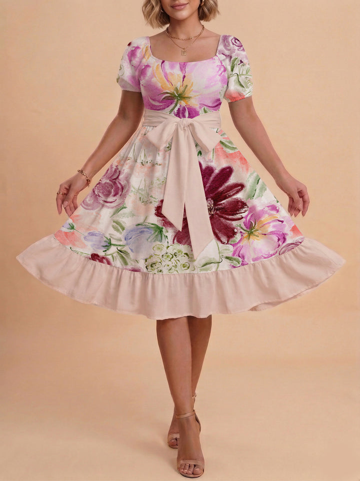 Women's floral dress with adjustable belt and voluminous sleeves Lune London