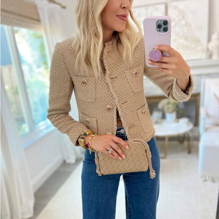 Elegant women's blazer cropped with textured fabric and gold button details Lune London