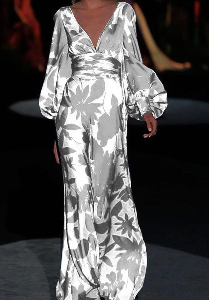 Maxi dress for women with deep V-neck and voluminous sleeves Lune London