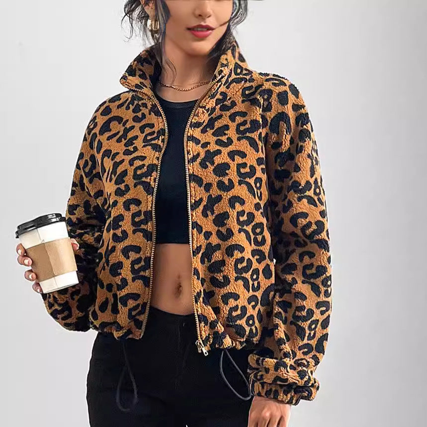 Ladies Short Plush Leopard Print Jacket with High Collar Lune London