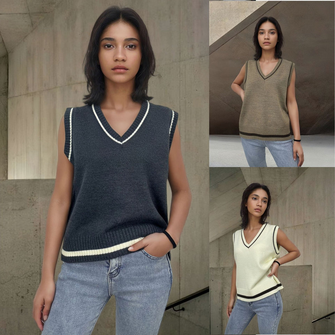 Women’s knitted top with V-neck and contrasting edges Lune London