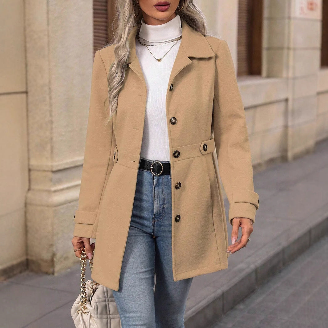 Lune London elegant women's jacket with classic collar and adjustable belt