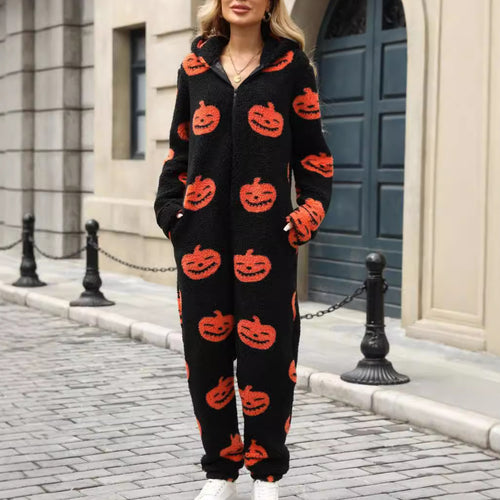 Ladies Comfortable Halloween Jumpsuit with Hood and Cute Fleece Lune London