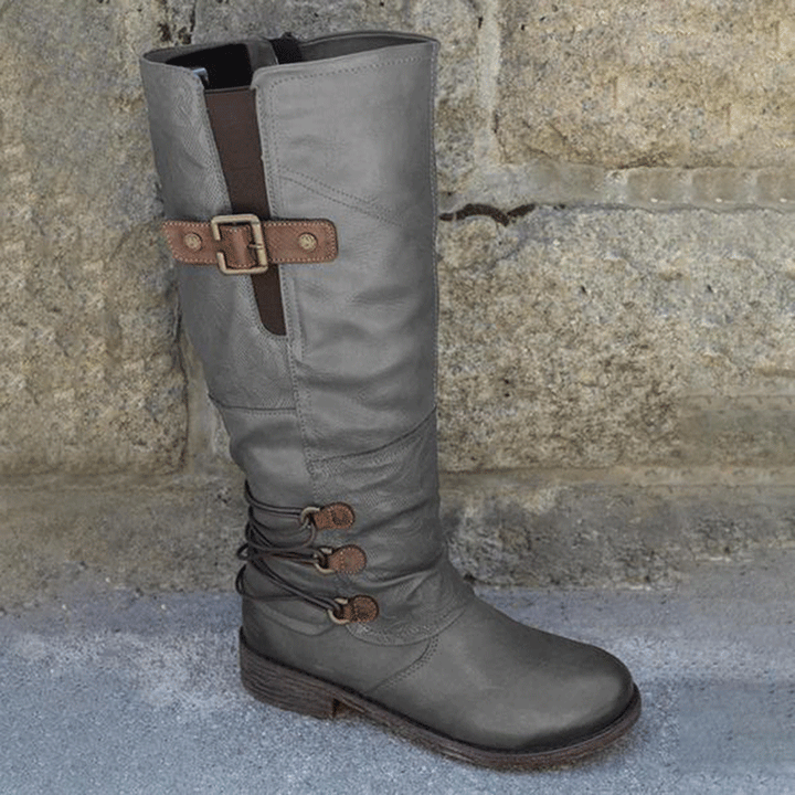 High leather boots for women with decorative buckles and elastic straps Lune London