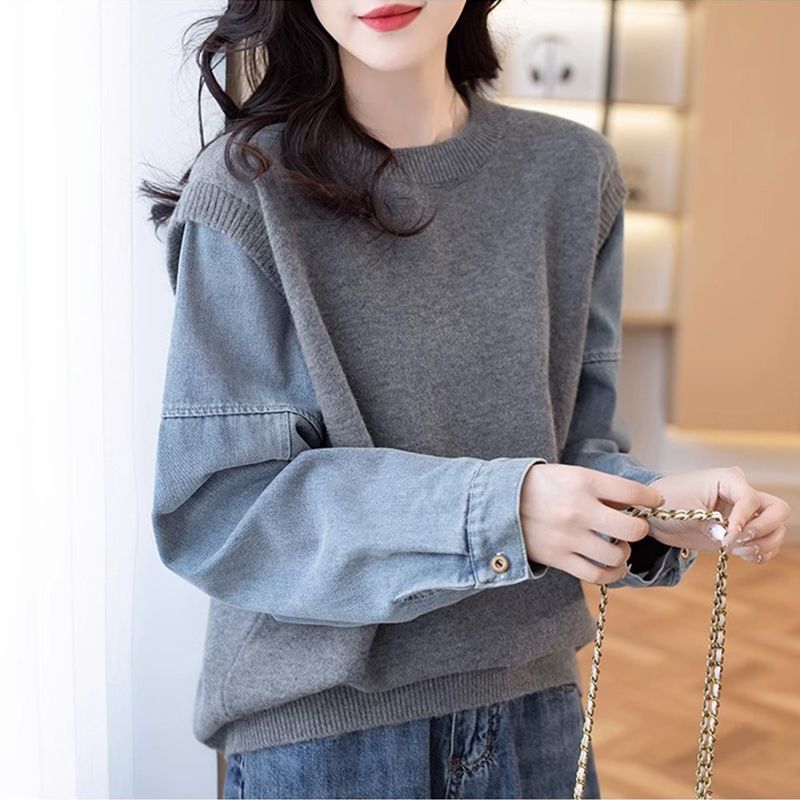 Pull en tricot pour femmes avec manches en denim Chic & Stil
