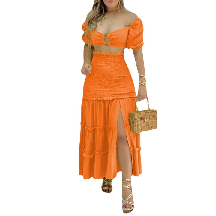 Ladies two-piece with gathered details and a high slit Lune London