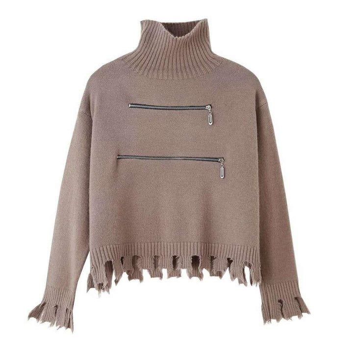 Women's Stylish Funnel Neck Sweater with Two Asymmetric Zip Pockets and Fringed Hem Lune London