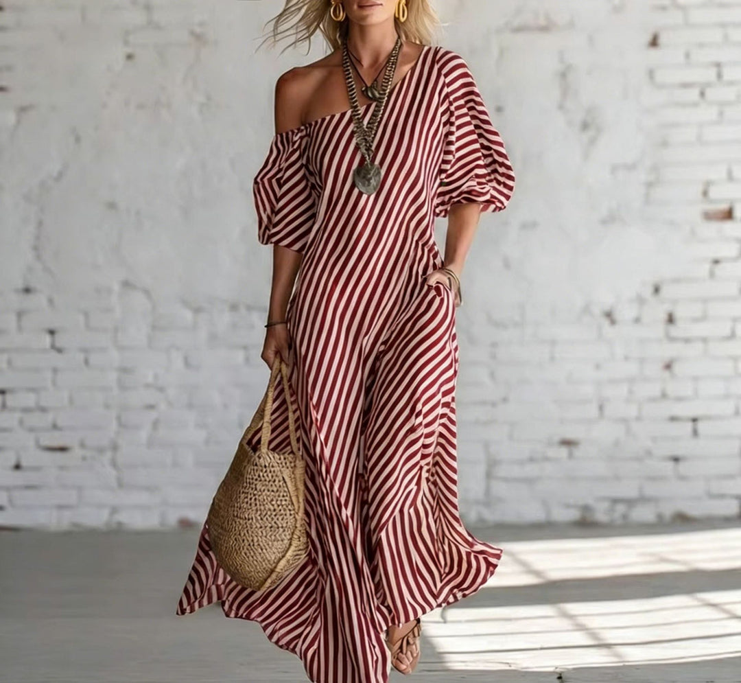 Women's maxi dress with asymmetric cut and striking stripes Lune London