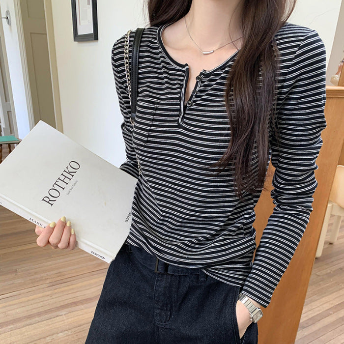 Women's stylish long-sleeve shirt with button placket and stripe pattern Chic & Stil