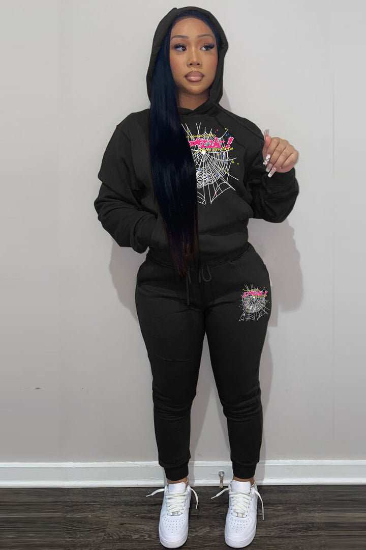 Women's hoodie and jogger pants set with a unique spiderweb design Lune London