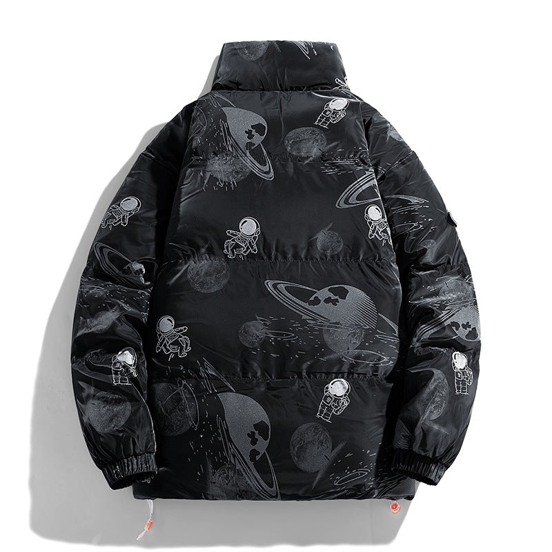 Ladies futuristic quilted jacket with astronaut patterns Lune London