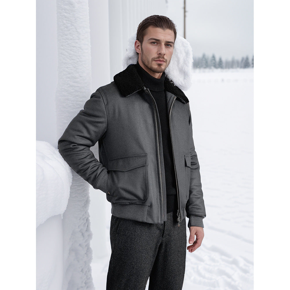 Soft winter jacket for men with faux fur collar and patch pockets Lune London