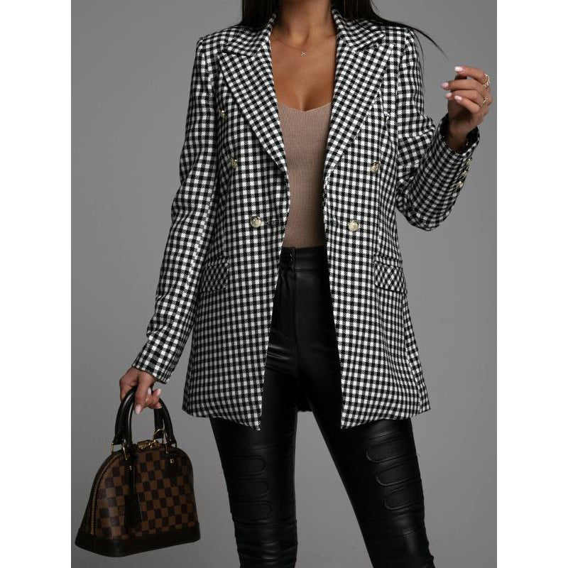 Plaid women's blazer with double-breasted buttons and stylish details Lune London