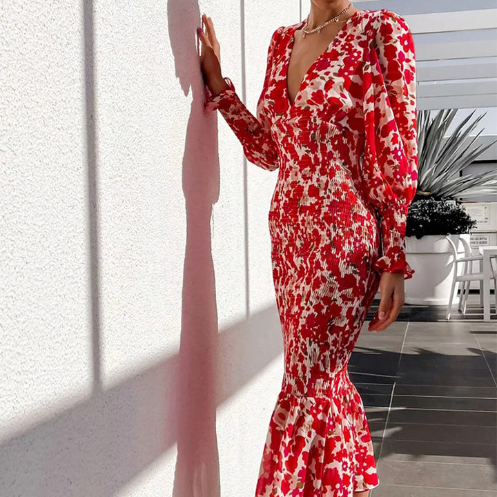 Robes Bodycon pour femmes avec ourlet volanté et motif floral glamour Chic & Stil