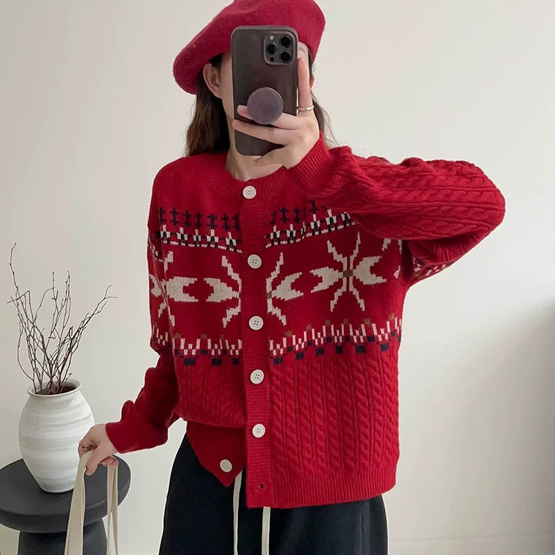 Chunky knit cardigan for women with decorative cable pattern and button details Lune London