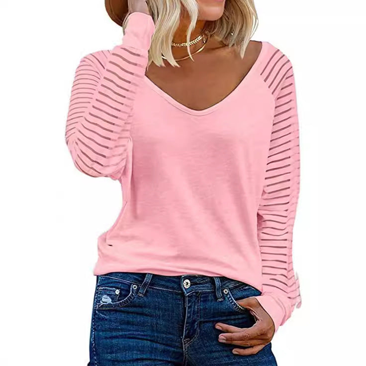 Woman V-neck top with transparent striped sleeves Lune London