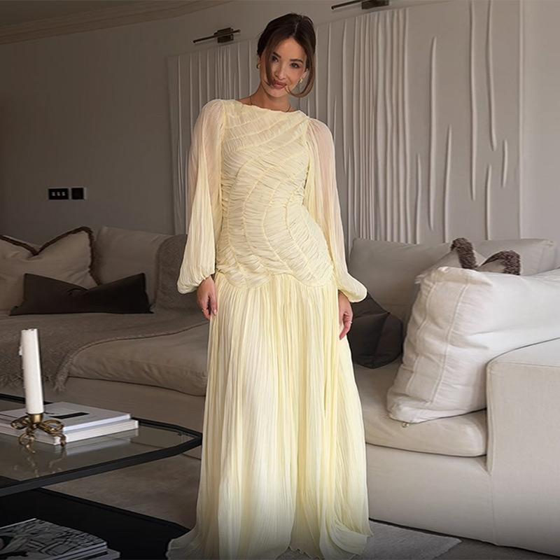 Maxi dress for women with refined pleats and elegant long sleeves Lune London