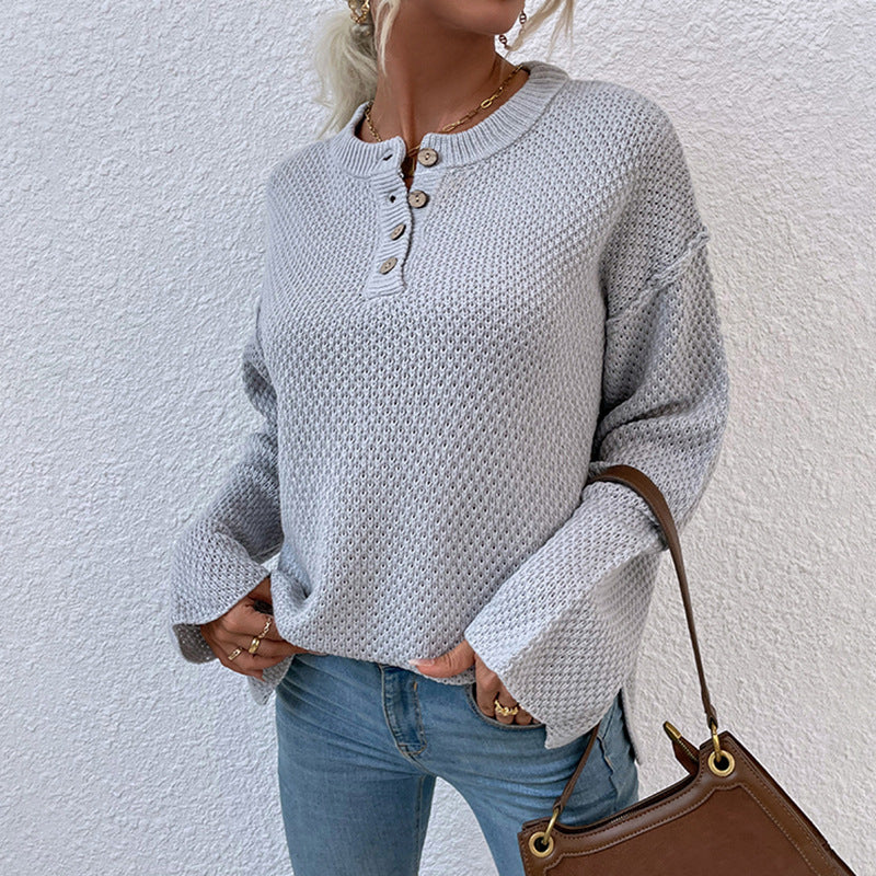 Comfortable knitted sweater for women with button placket and wide sleeves Lune London